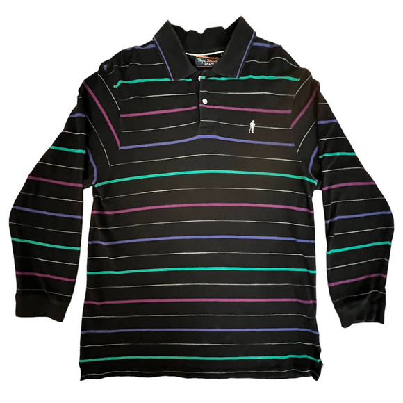 Payne Stewart Legacy Black & Multicolor Stripes Long Sleeve Polo Golf Shirt L - Picture 1 of 5